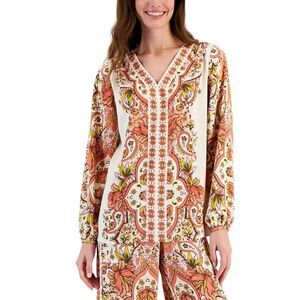 Women's Long Sleeve Printed V-Neck Satin Top